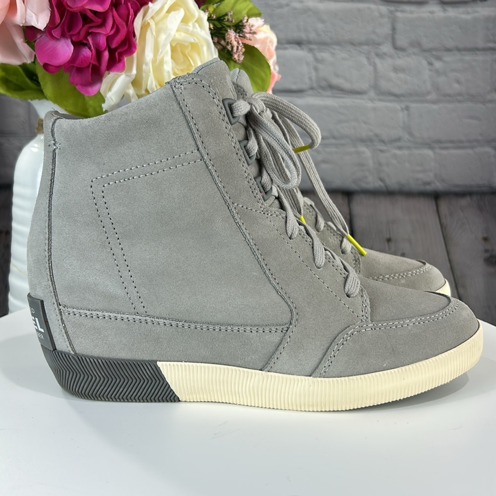 SOREL OUT ‘N ABOUT II Dove Quarry Gray Soft Suede Lace Up Wedge Boot Sneakers - Picture 5 of 17